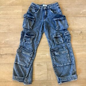 Rise Supply Co Vintage-Inspired Multi-Pocket Cargo Jeans in Washed Blue size 7